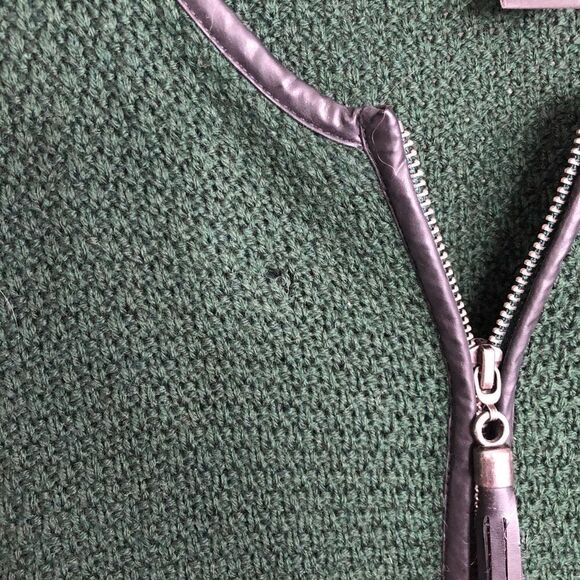 Tahari Crewneck Green Knit Zip Cardigan Faux Leather trim - Picture 8 of 11